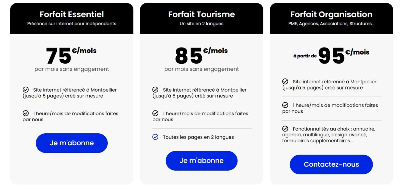 Formules et tarifs de création de site web à Montpellier sans engagement
